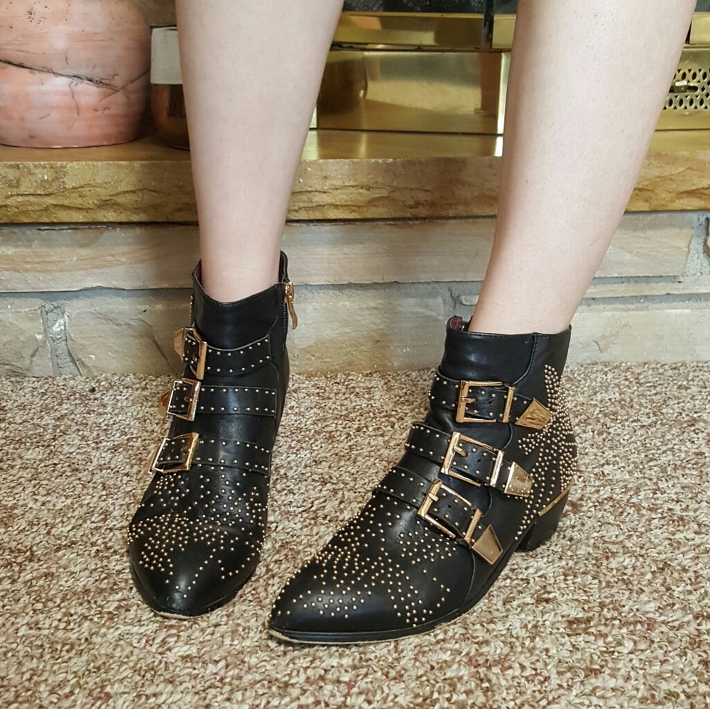 Black gold studded ankle boots